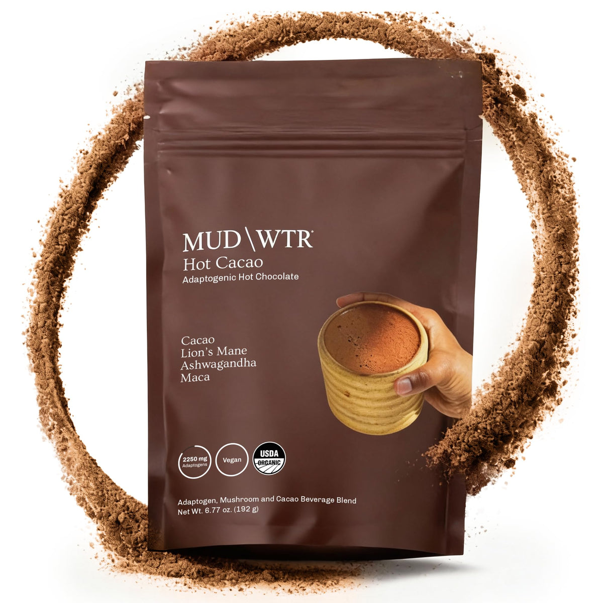 MUDWTR empaque frontal mostrando bolsa y marca, transmite confianza