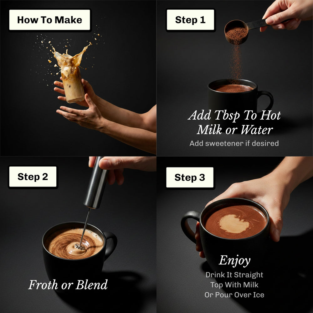 Ingredientes MUDWTR con hongos y especias ilustrando origen y mezcla completa