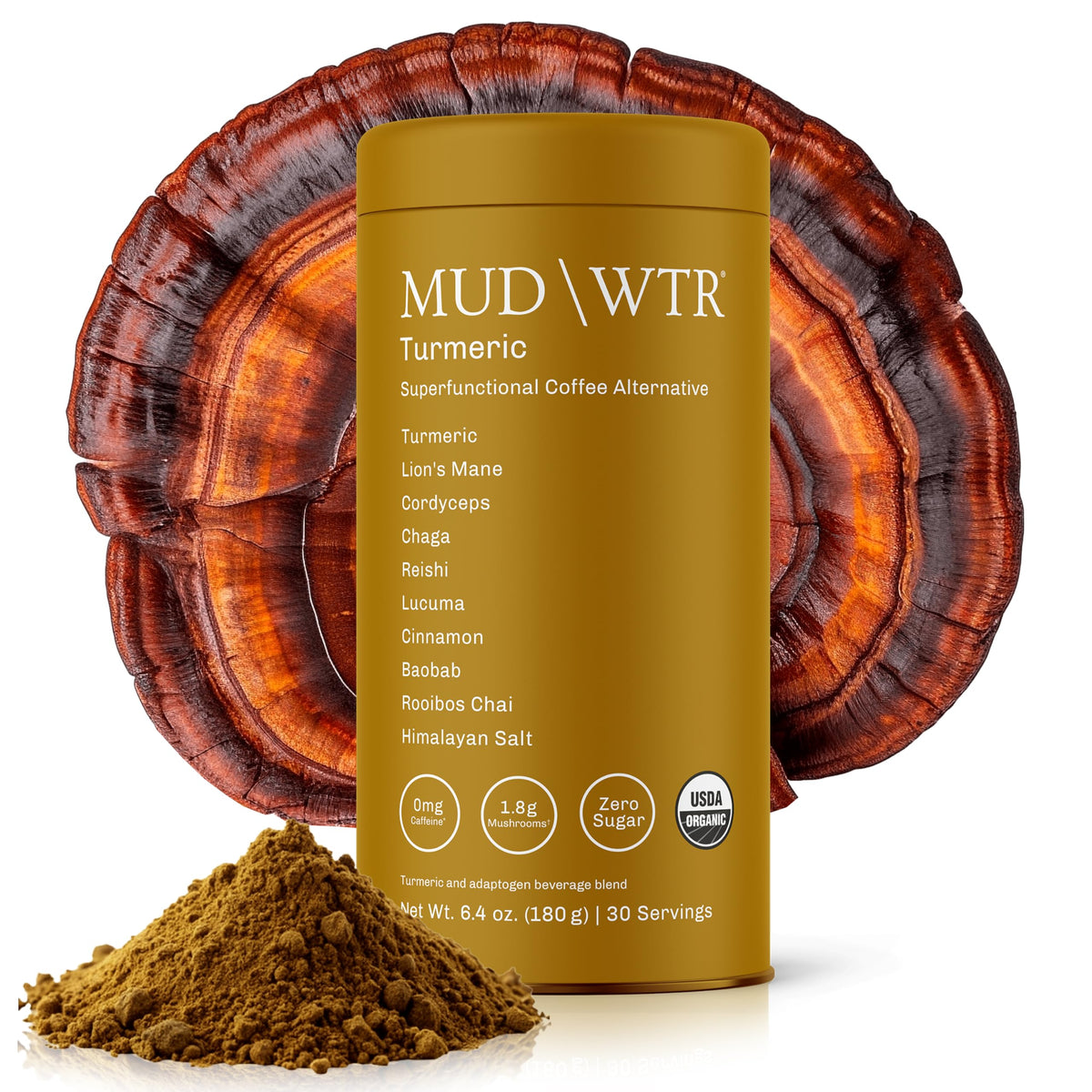 MUD\WTR frasco frontal mostrando el producto y su beneficio de enfoque sostenido