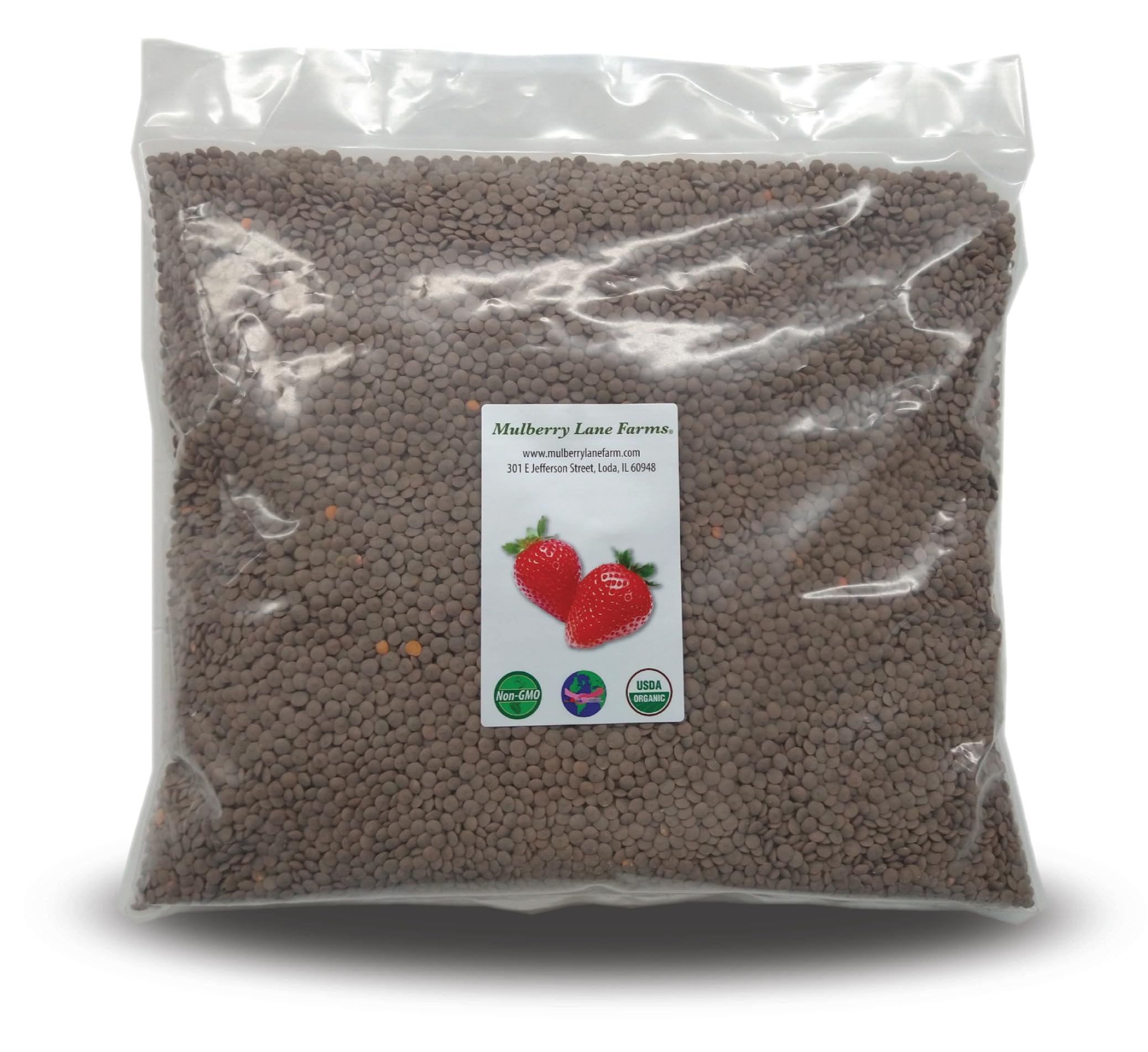 Mulberry Lane Farms empaque frontal mostrando lentejas y certificación orgánica