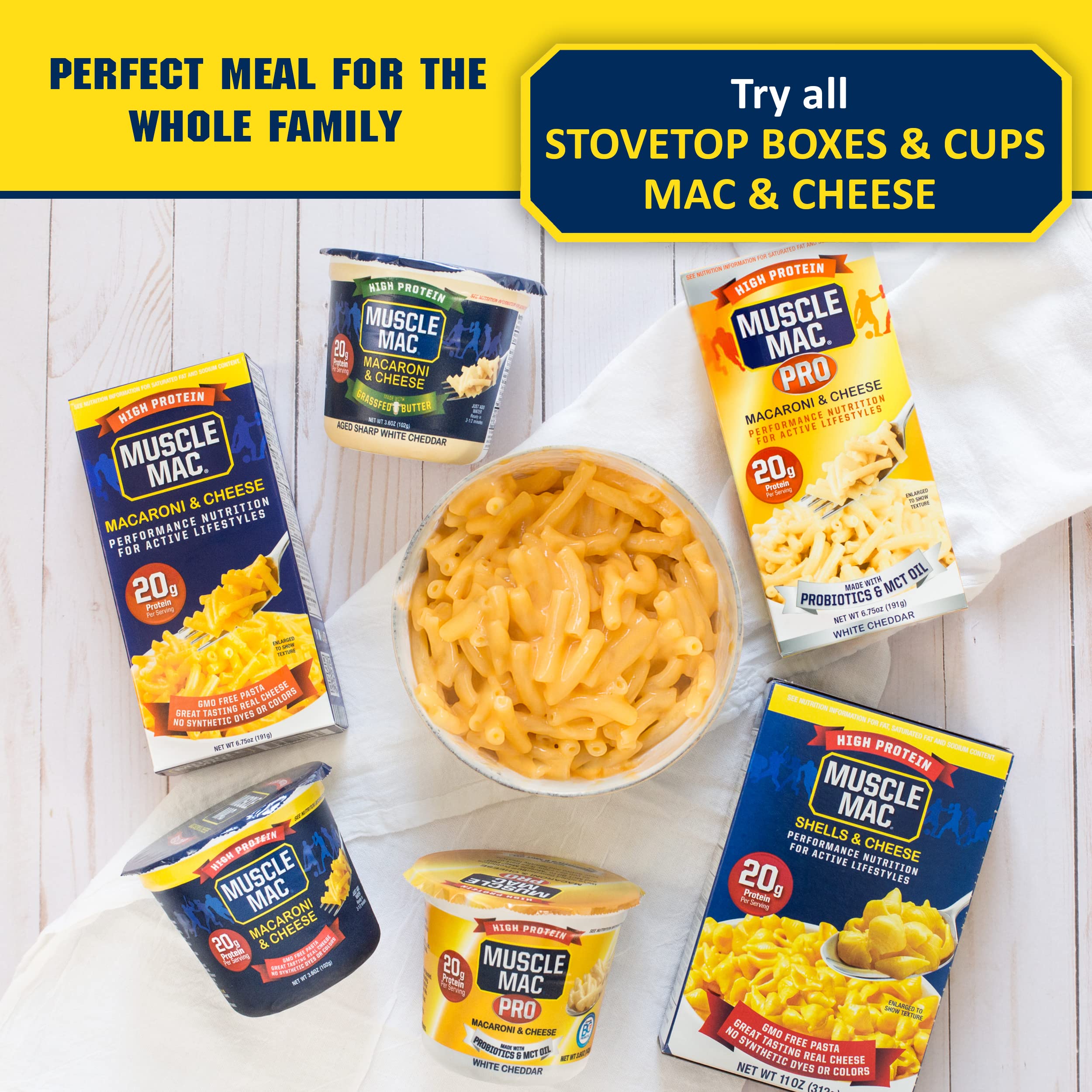 MUSCLE MAC etiqueta nutricional que muestra proteína y ingredientes sin OMG