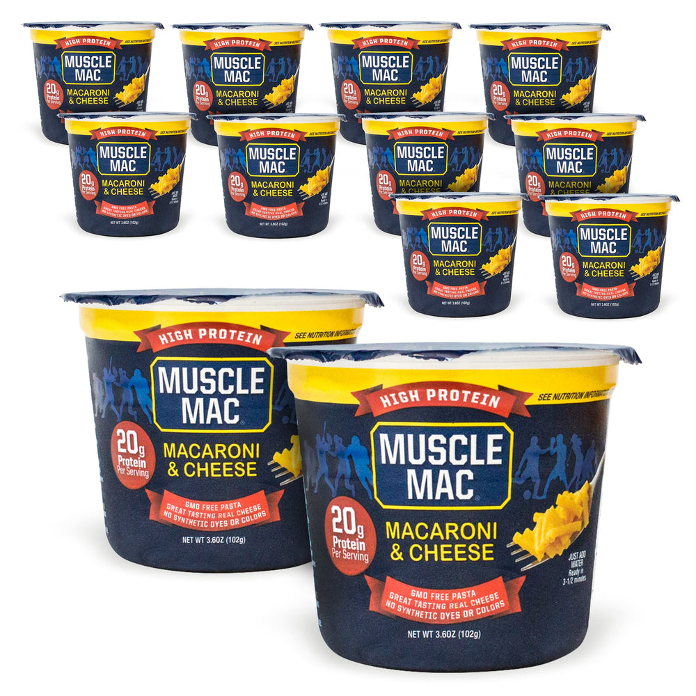 MUSCLE MAC vista frontal del paquete mostrando 12 tazas y beneficio práctico