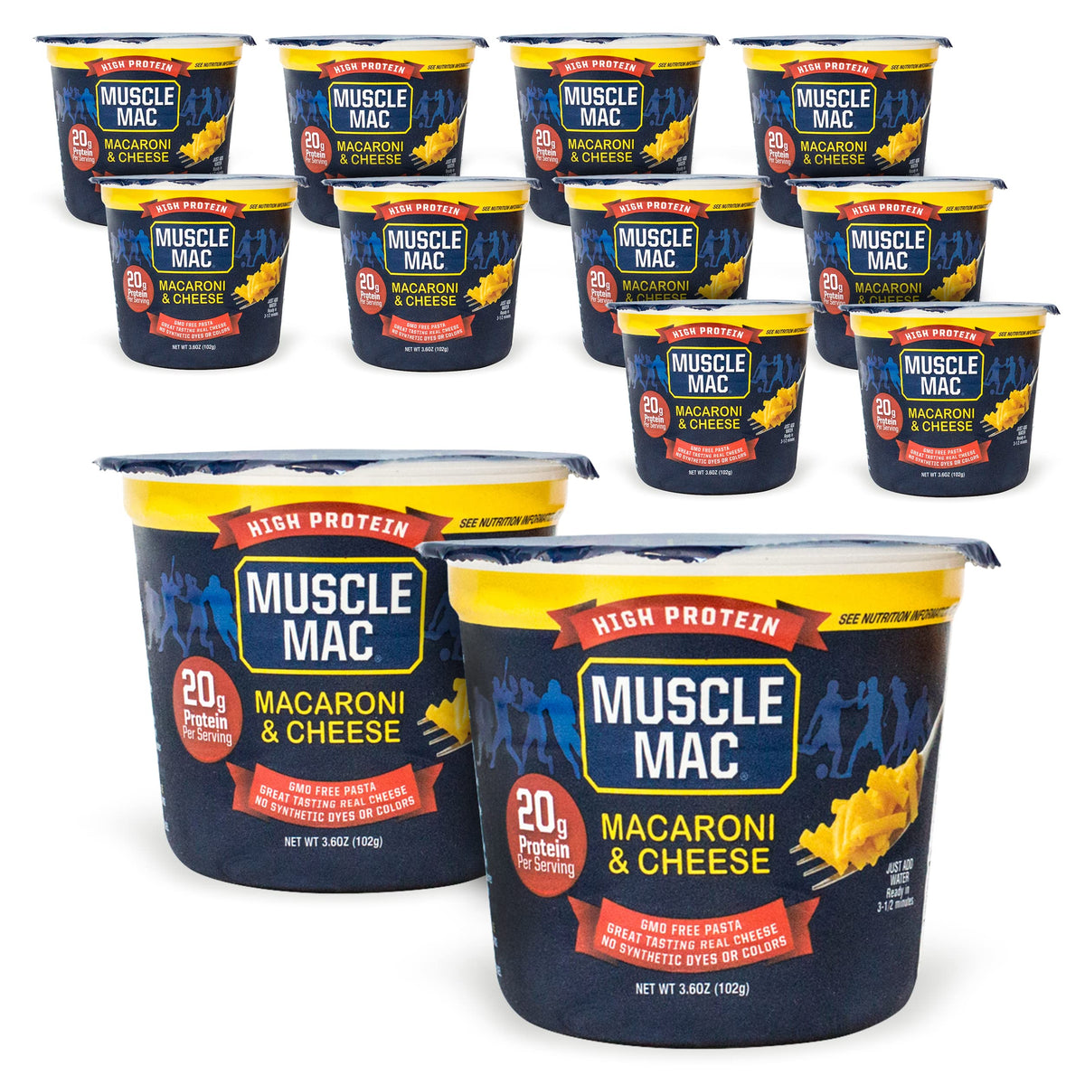 MUSCLE MAC vista frontal del paquete mostrando 12 tazas y beneficio práctico