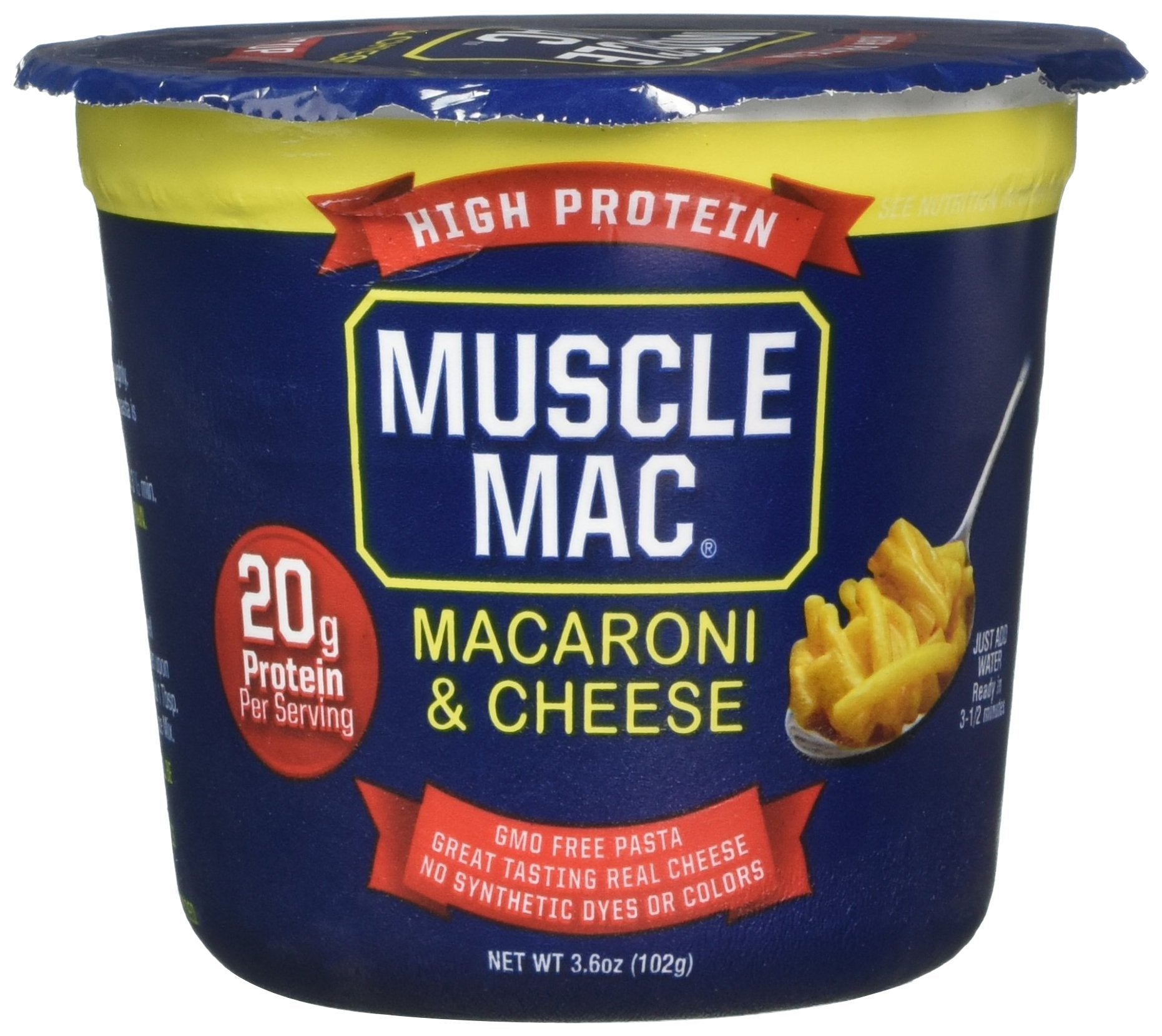 MUSCLE MAC porción servida en plato destacando 20 g de proteína por porción