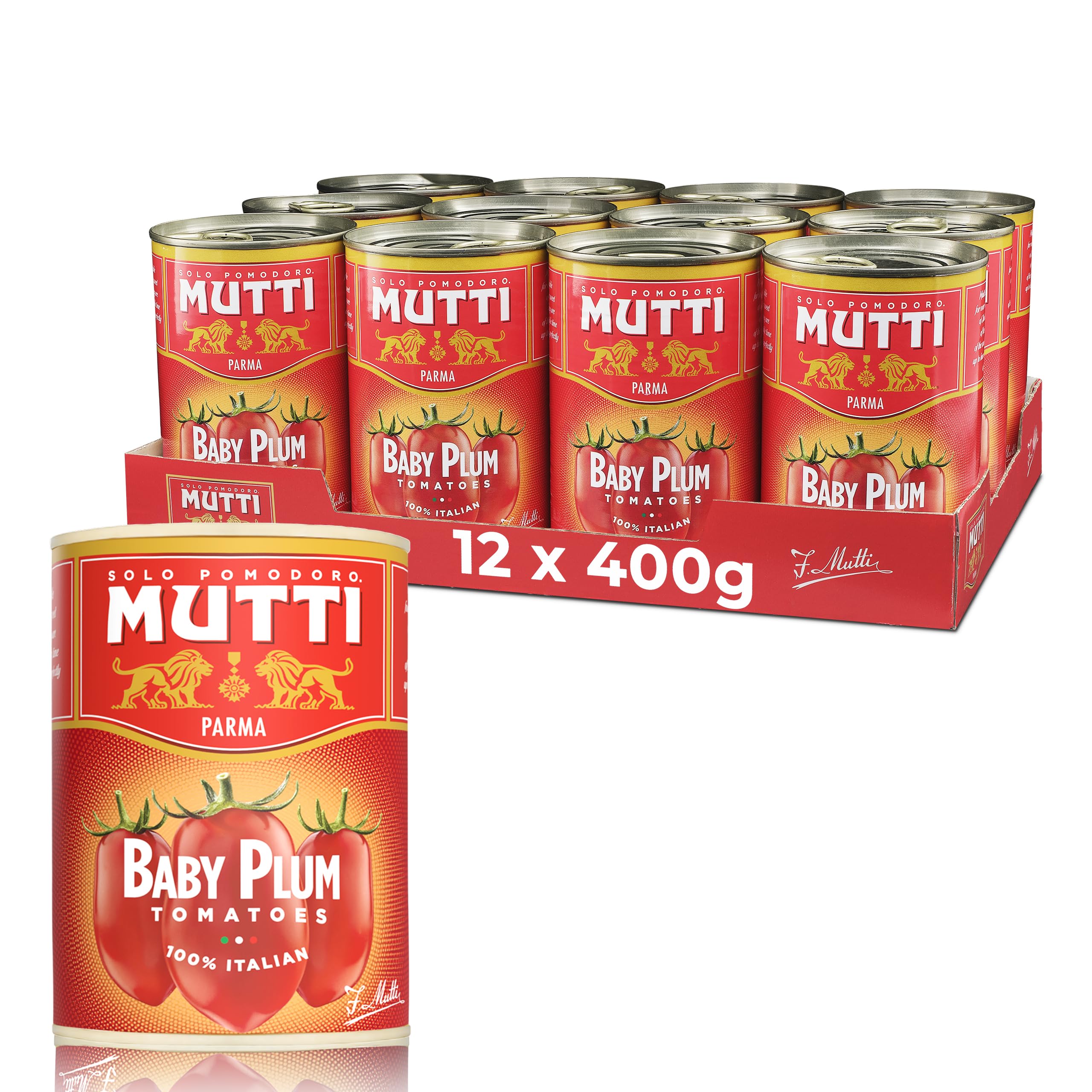 Mutti baby roma lata frontal mostrando etiqueta y sabor italiano fresco