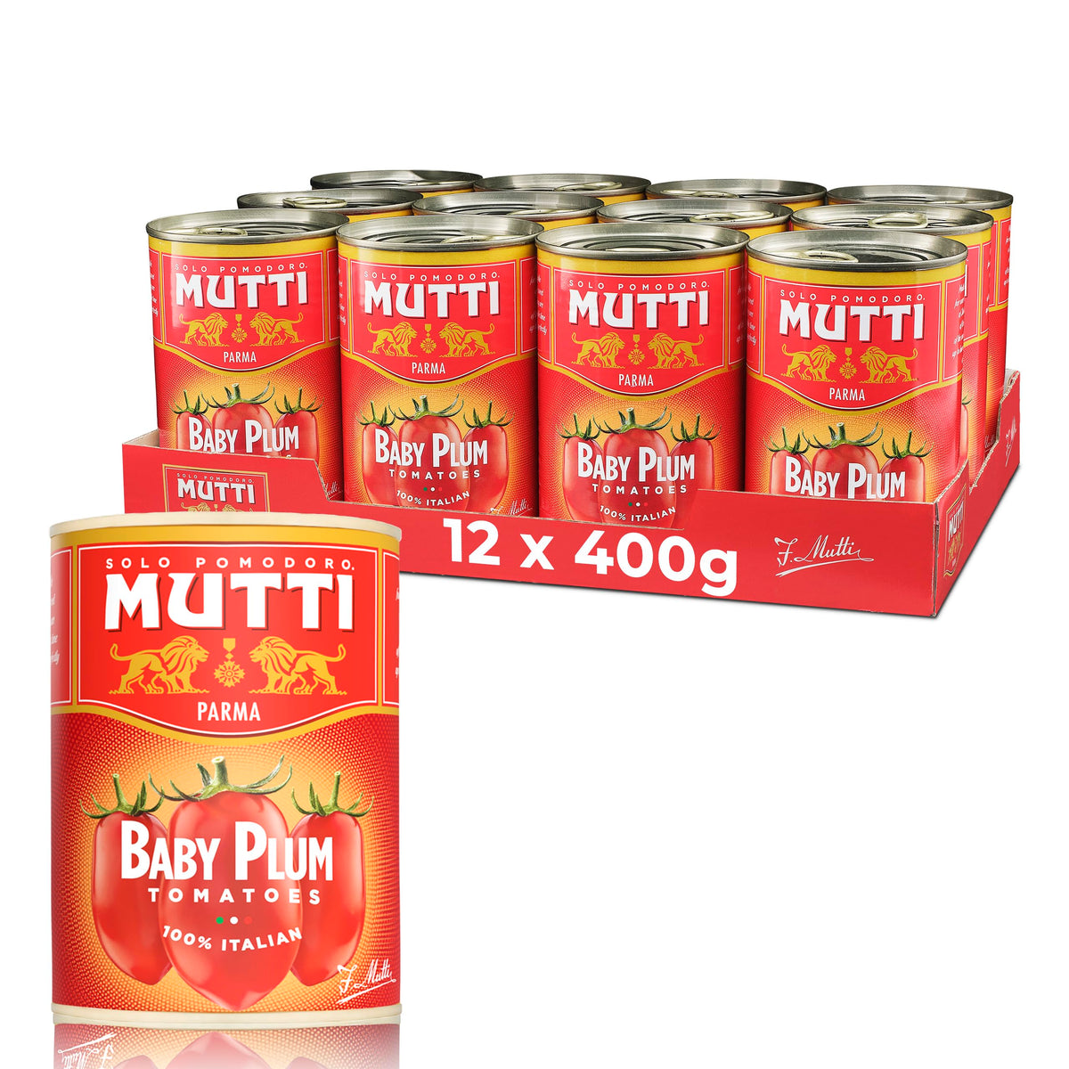 Mutti baby roma lata frontal mostrando etiqueta y sabor italiano fresco