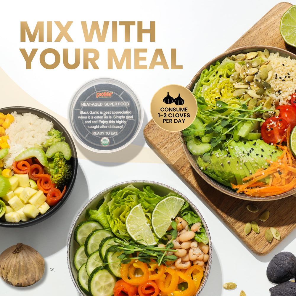MW Polar ajo negro en plato gourmet, realza sabores sin pungencia fuerte