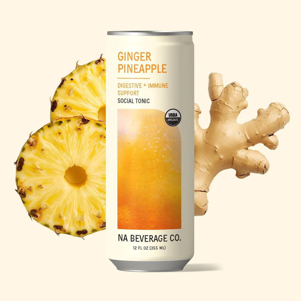 Etiqueta nutricional de NA Beverage mostrando prebióticos, L-teanina y vitamina C