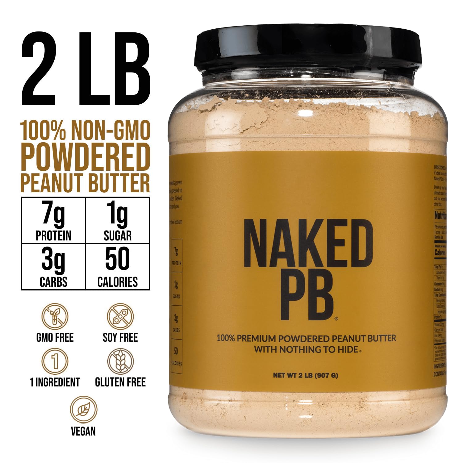 Etiqueta nutricional de NAKED PB destacando 7 g proteína y 50 calorías