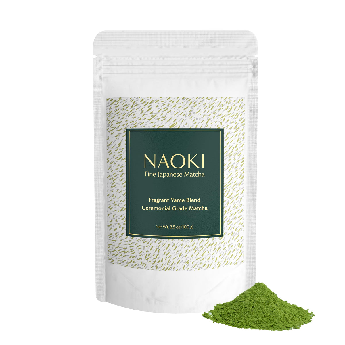 Naoki Matcha paquete frontal mostrando 100 g y diseño, frescura garantizada