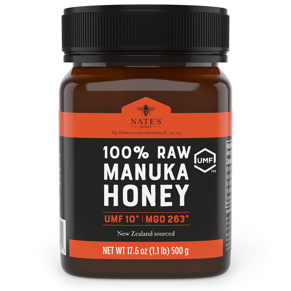 Nate's Honey frasco frontal mostrando etiqueta UMF y origen Nueva Zelanda, confianza certificada