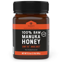 Nate's Honey frasco frontal mostrando etiqueta UMF y origen Nueva Zelanda, confianza certificada