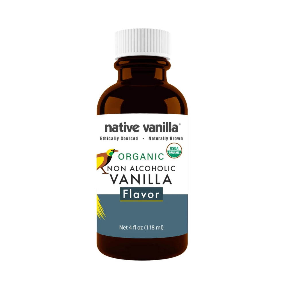 Native Vanilla frente del empaque mostrando botella y etiqueta, identificando producto orgánico
