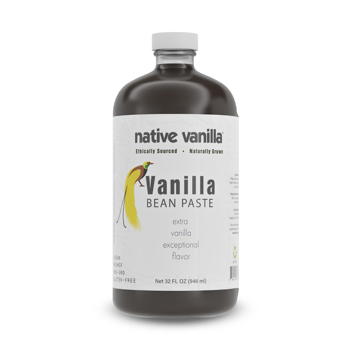 Native Vanilla vista frontal del frasco mostrando etiqueta y capacidad 32 oz, ideal para repostería