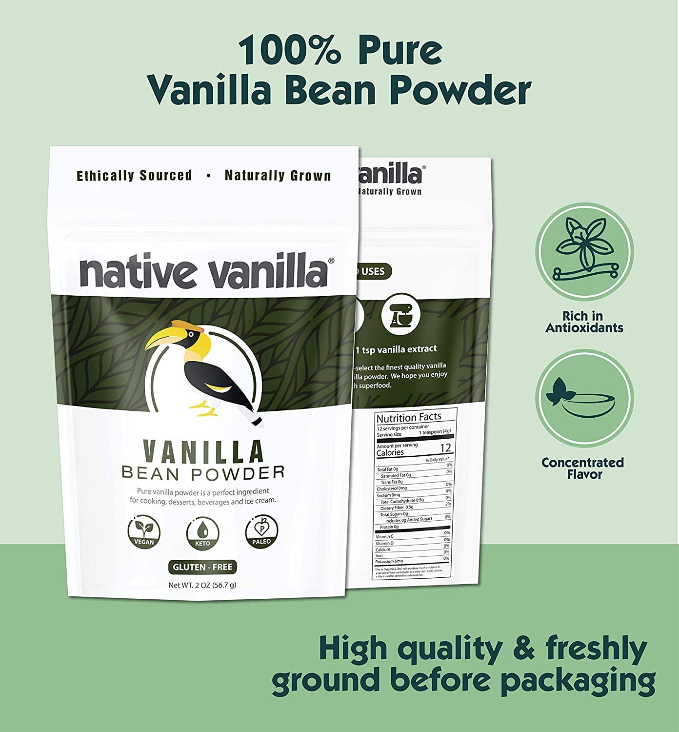 Native Vanilla polvo textura cercana con semillas y aroma concentrado