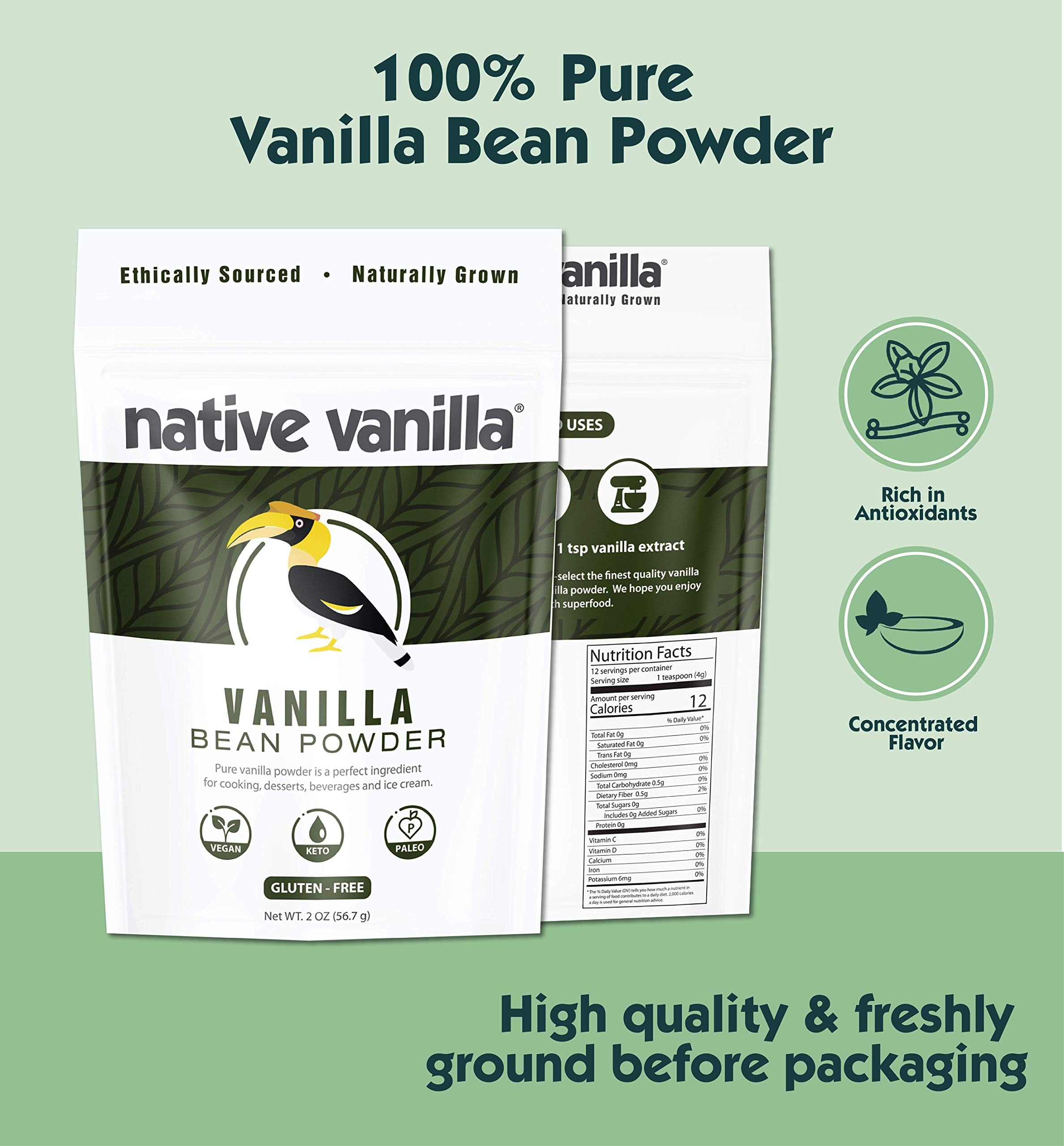 Native Vanilla textura del polvo fino y aroma concentrado visible