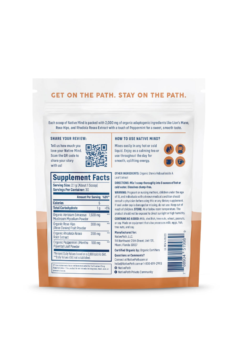 NativePath etiqueta con lista de ingredientes orgánicos y sin rellenos
