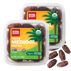 Natural Delights dátiles Medjool en tubo frontal mostrando el producto práctico