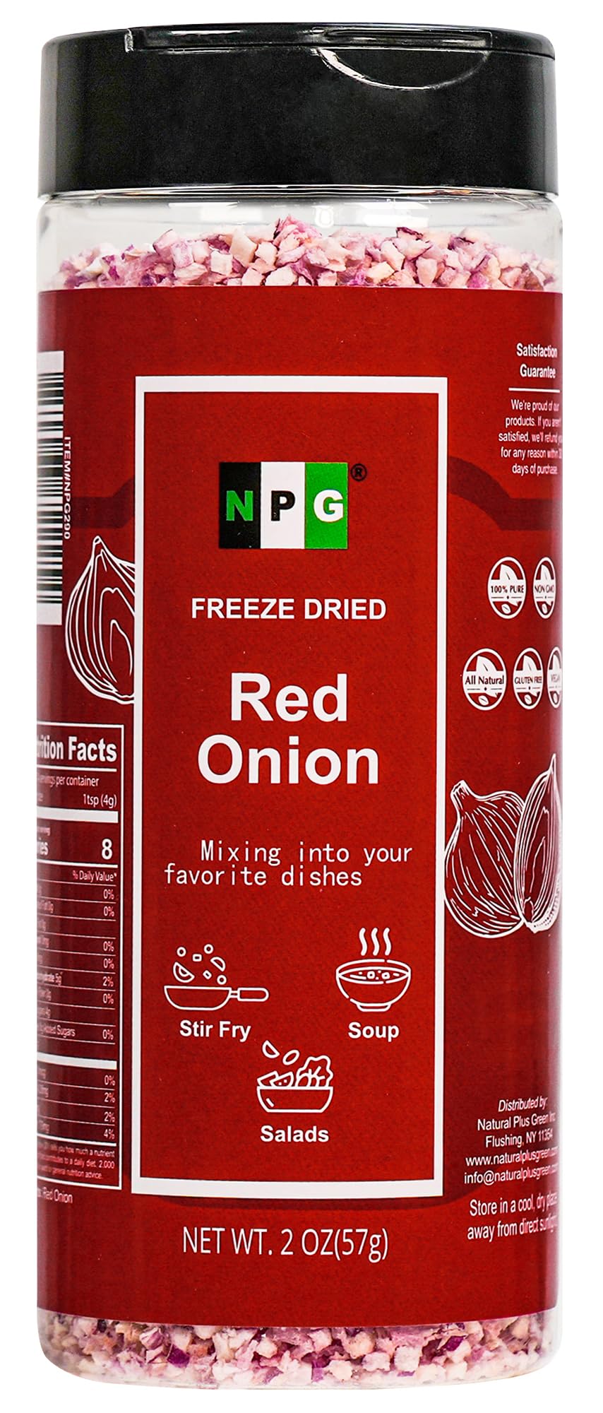 Natural Plus Green frasco mostrando cebolla roja liofilizada, listo para usar