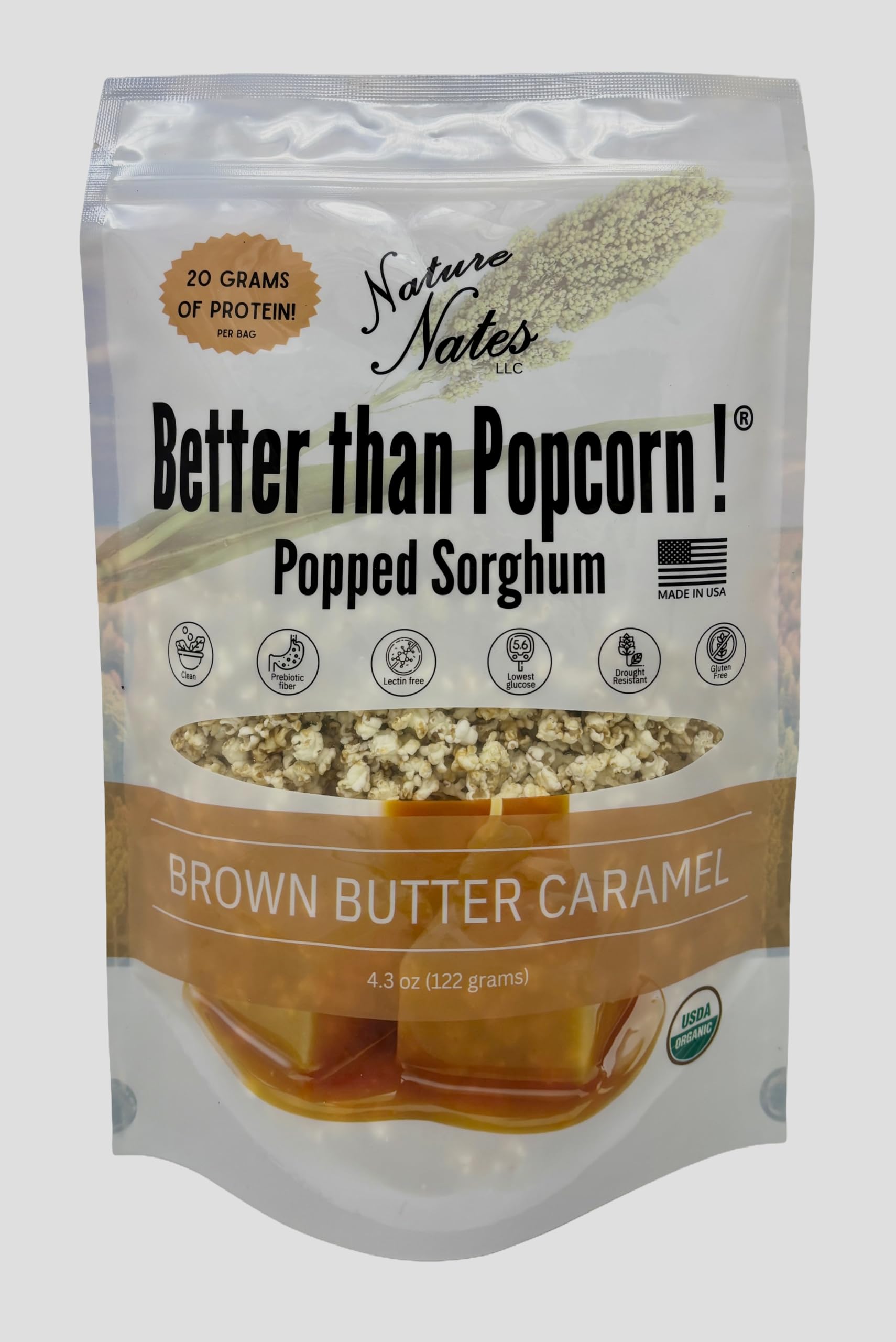 Nature Nate’s frente del paquete mostrando sabor Brown Butter Caramel y beneficios keto