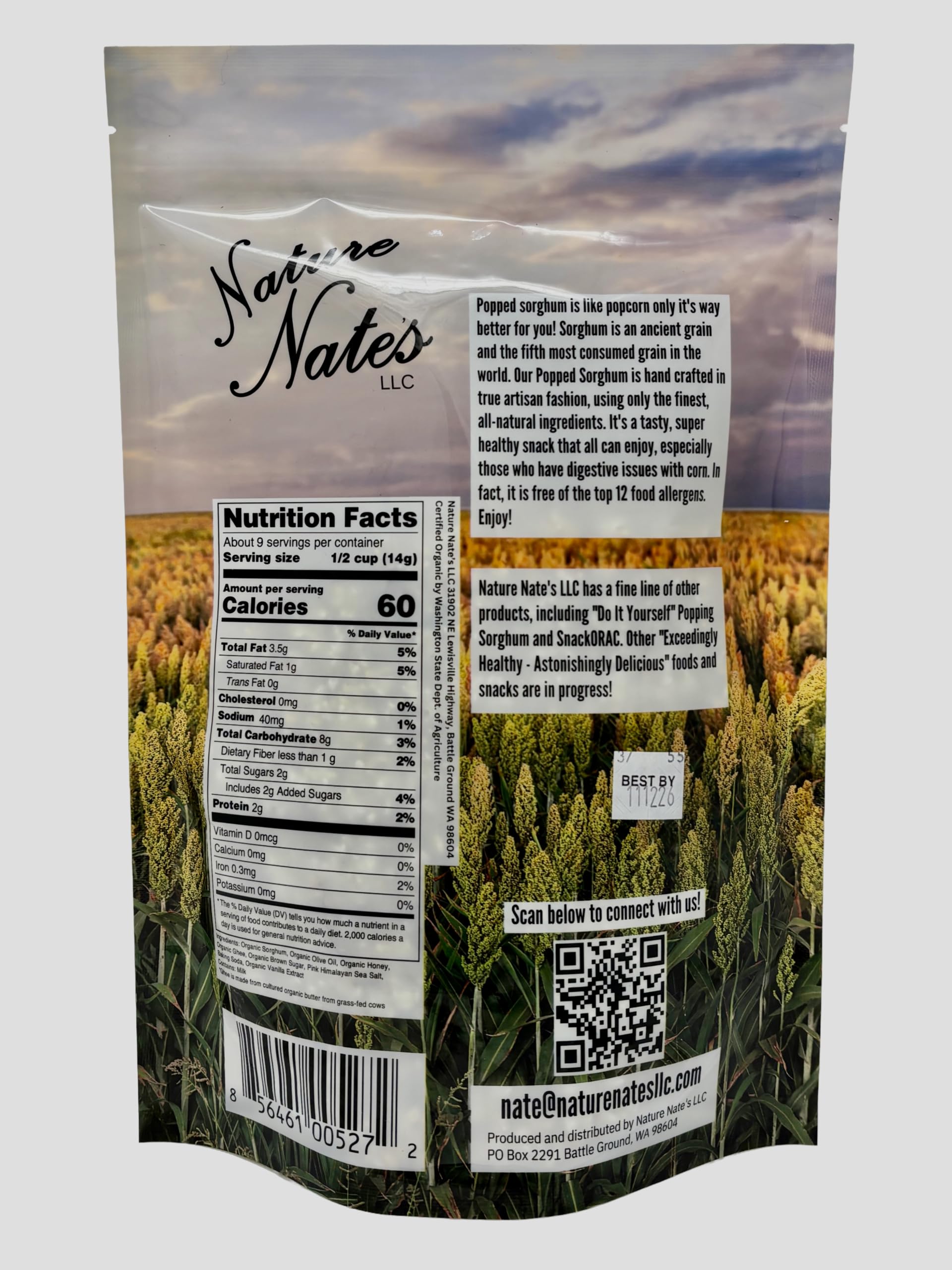 Nature Nate’s textura de sorgo reventado en primer plano, crujiente y sin cáscaras