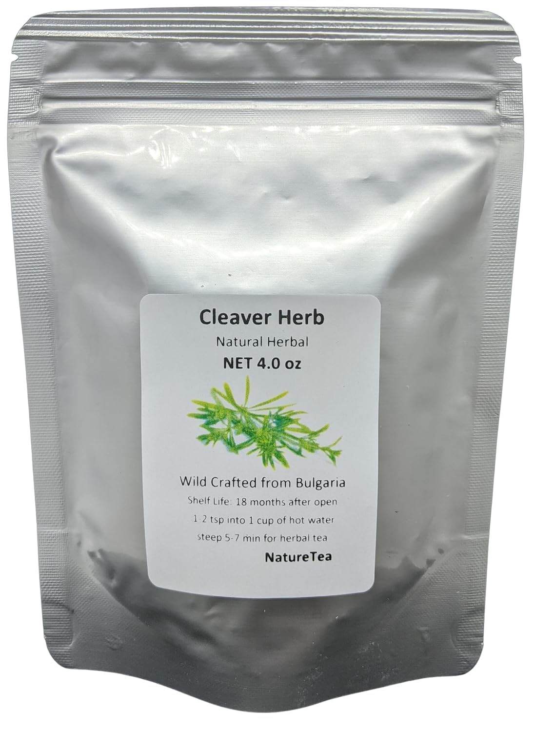 Nature Tea empaque frontal de Cleavers 4 oz mostrando etiqueta y peso visible, útil para identificar el producto