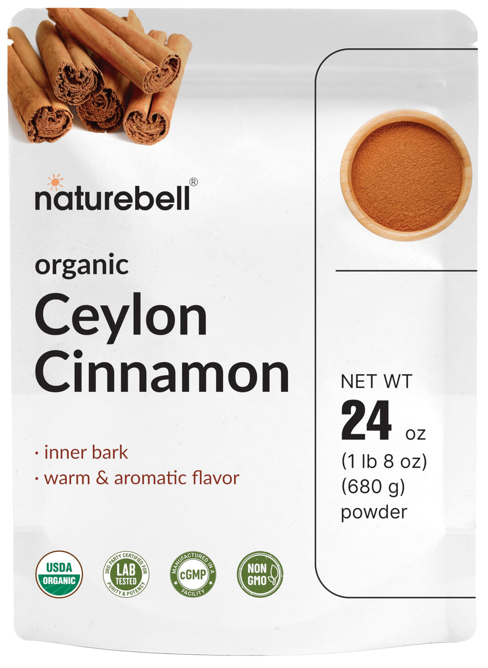 NatureBell envase frontal de canela Ceilán orgánica mostrando marca y tamaño