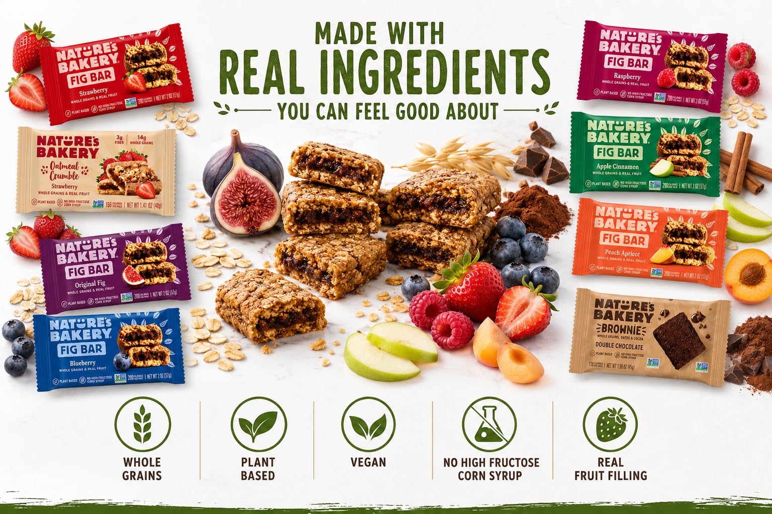 Nature's Bakery etiqueta de ingredientes, resalta granos integrales y frutas reales