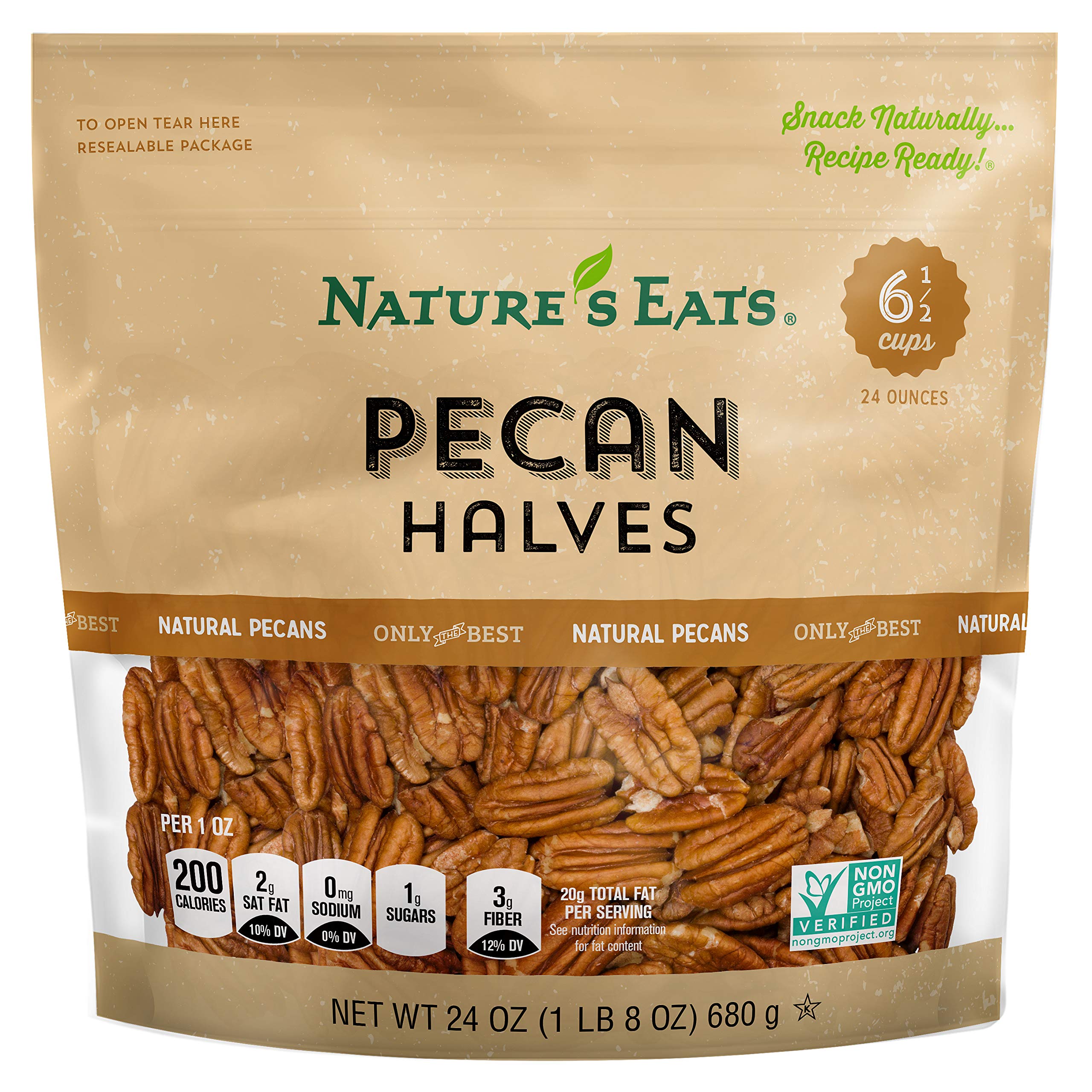 Nature's Eats empaque frontal de pacanas mitades, práctico y fresco
