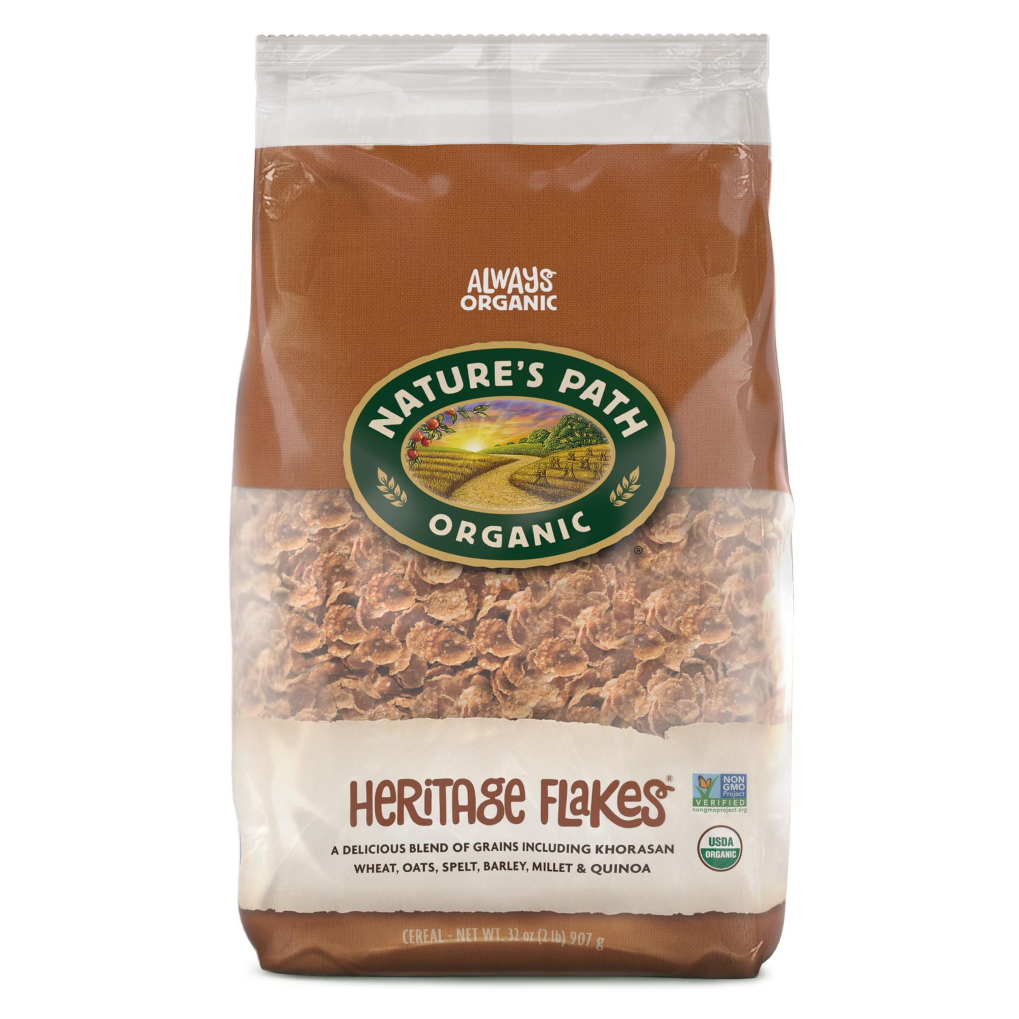 Nature's Path paquete frontal que muestra cereal crujiente y beneficios orgánicos