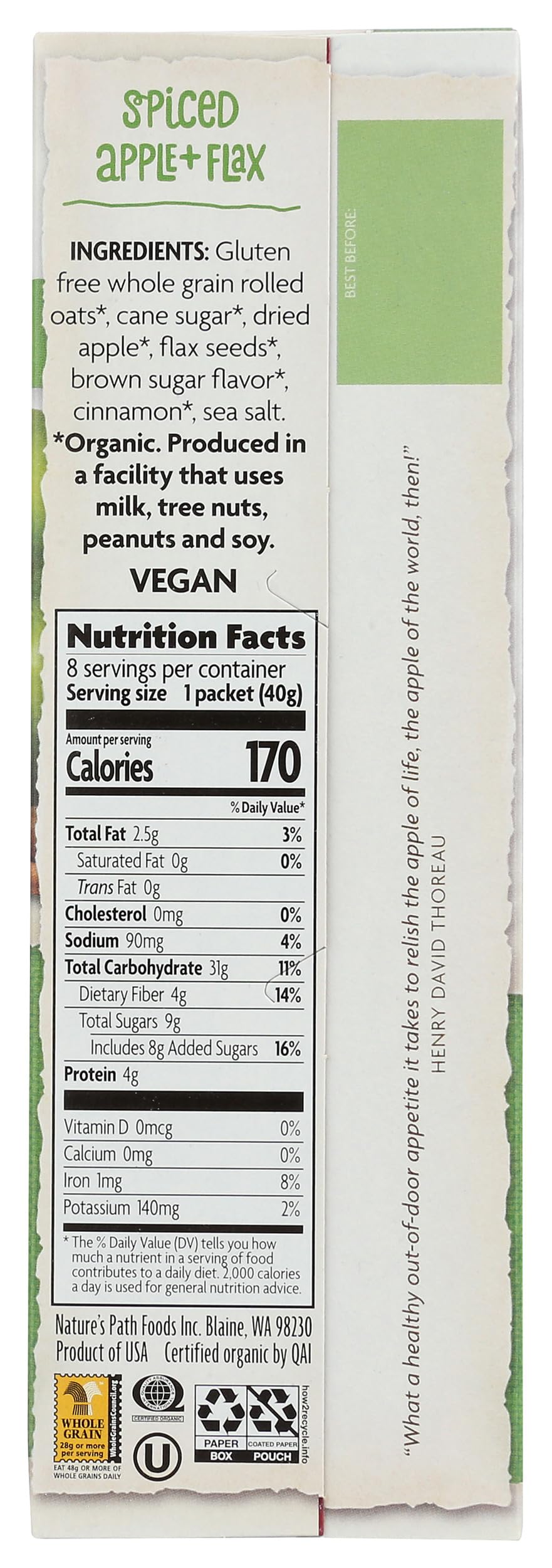 Nature's Path primer plano del sello sin gluten para seguridad dietaria