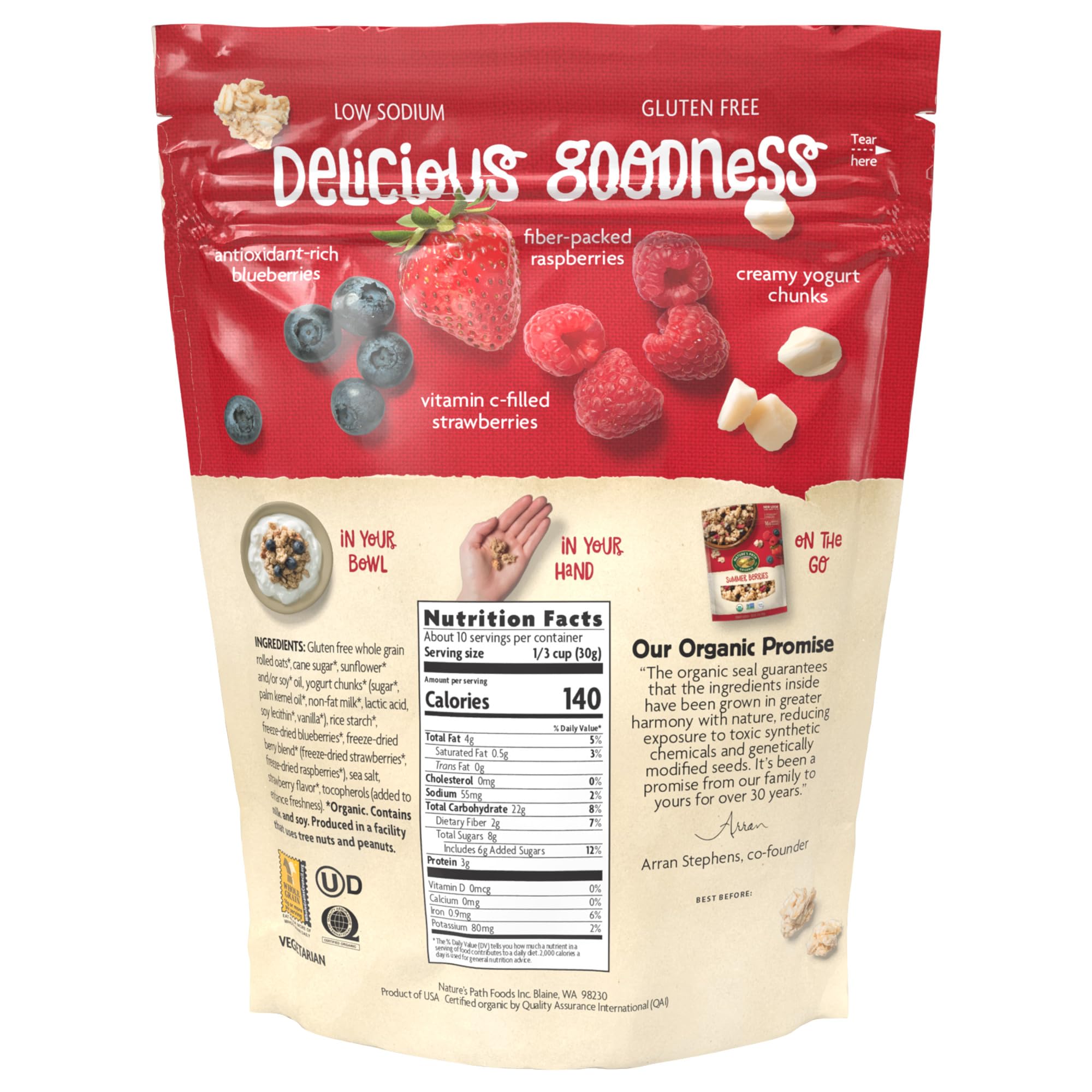 Nature's Path granola en tazón lista para consumir y aporte de granos enteros