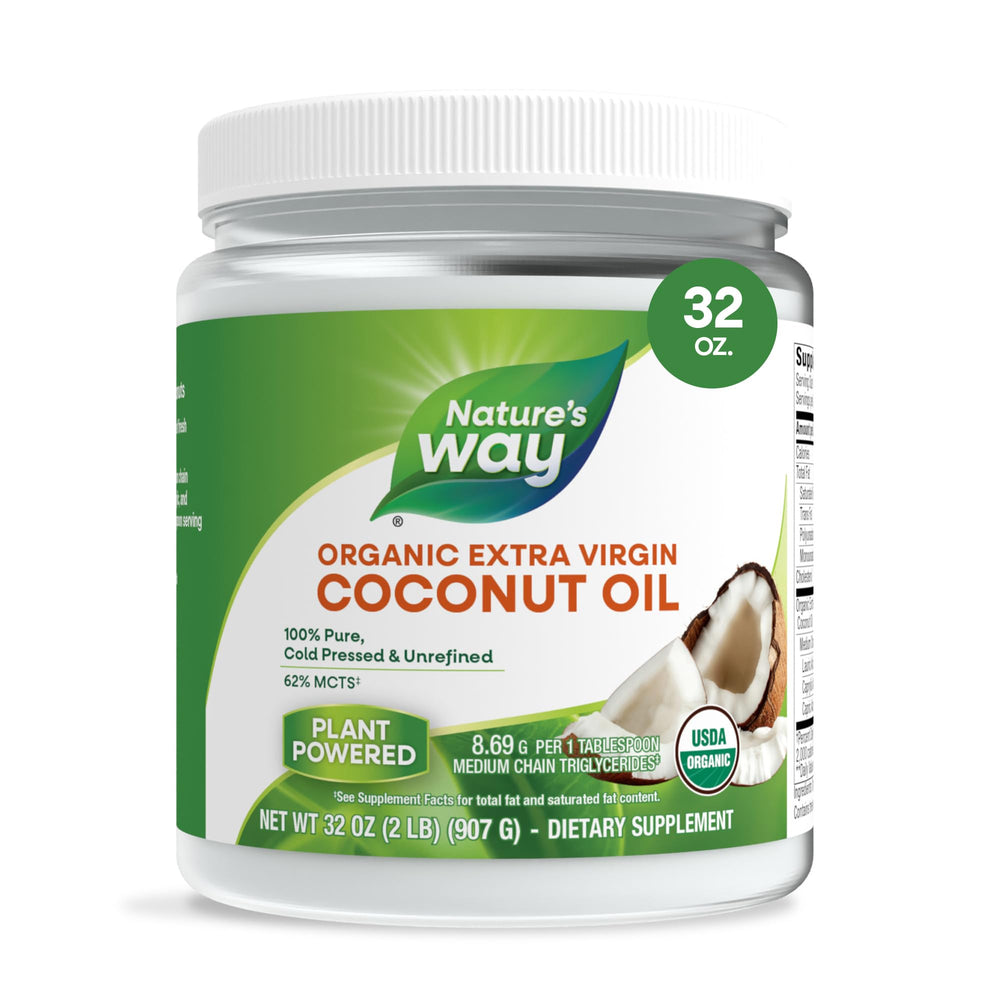 Nature's Way bote frontal mostrando aceite de coco orgánico y prcticidad
