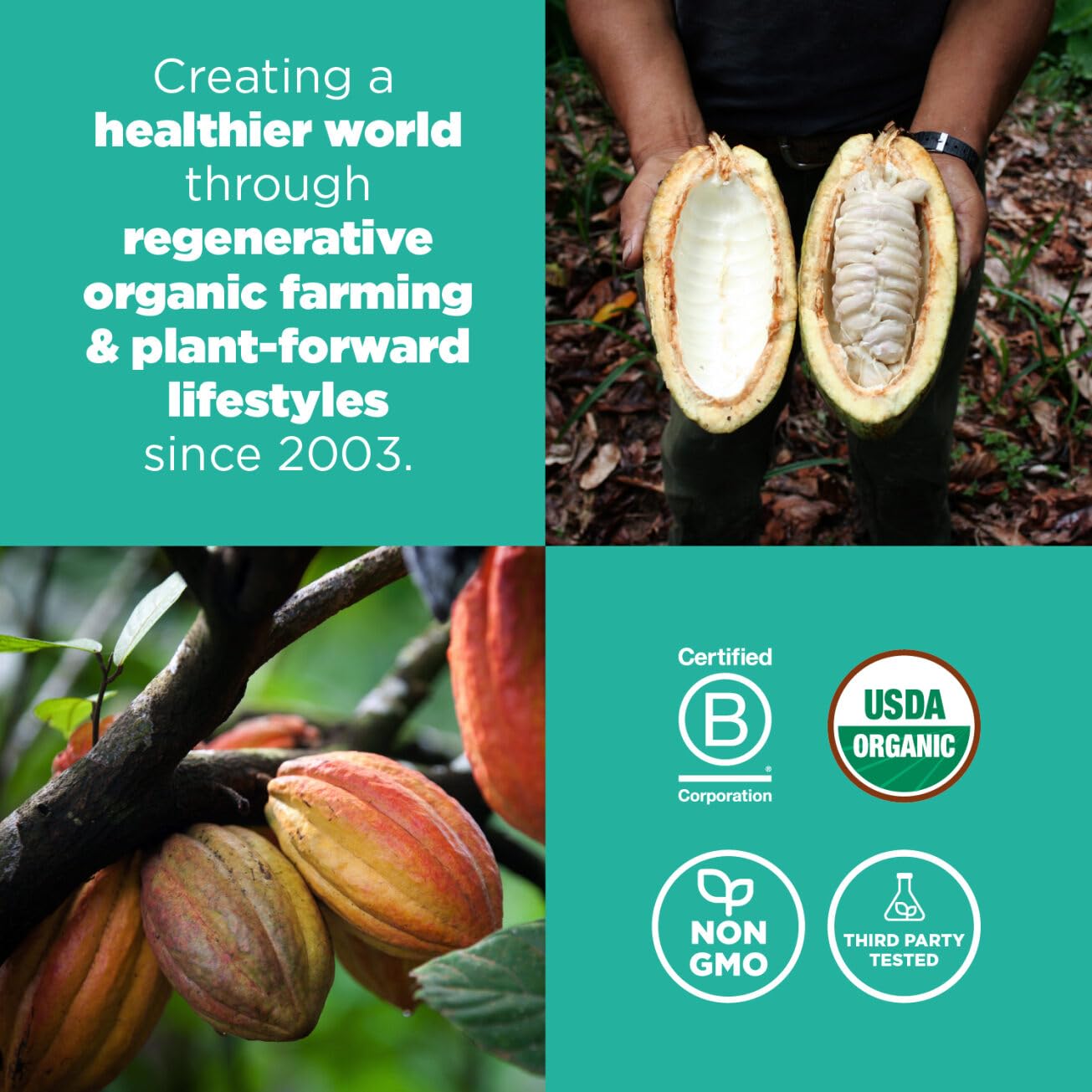 Navitas Organics etiqueta con certificaciones orgánicas y sin GMO visible