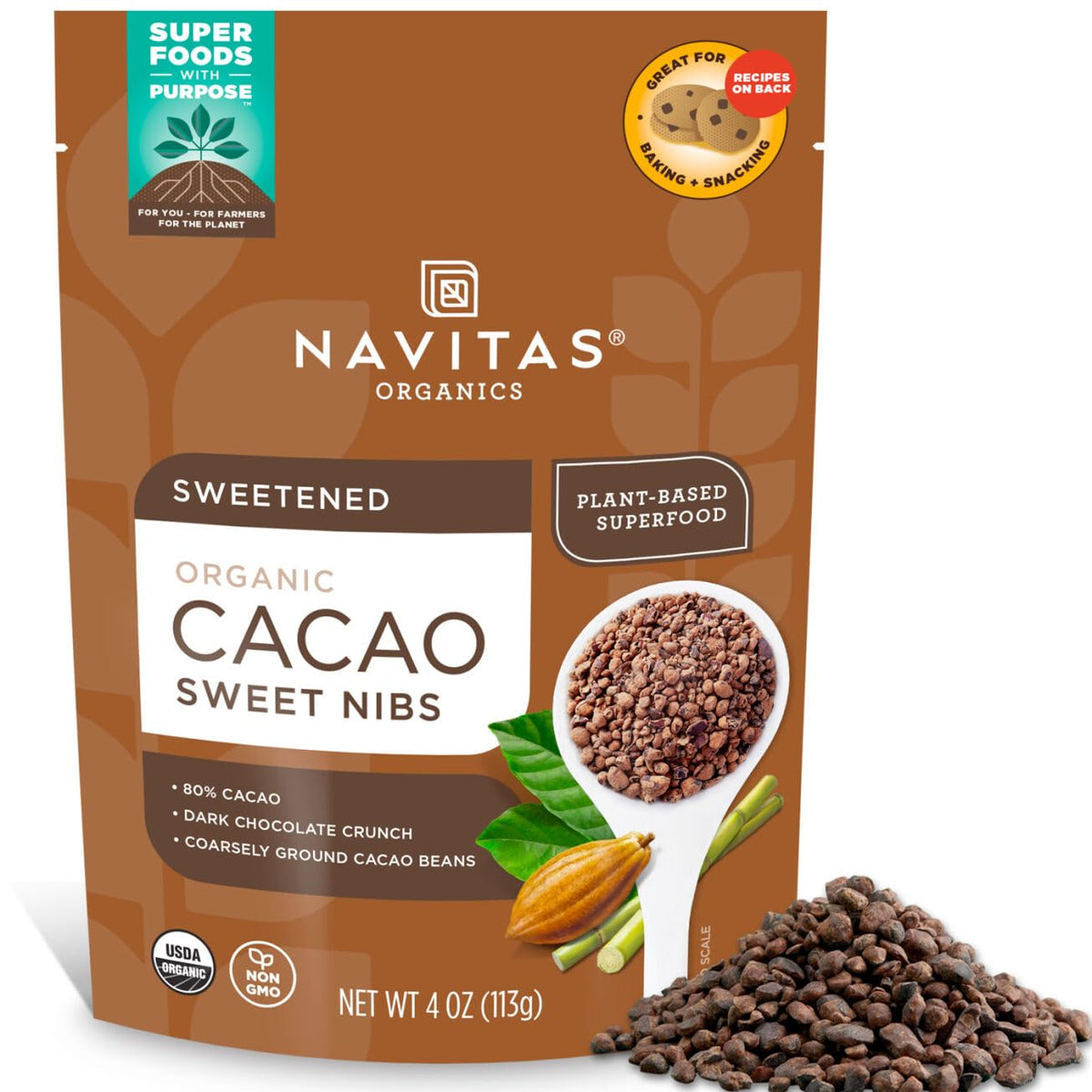 Navitas Organics envase frontal mostrando cacao nibs orgánicos y crujientes