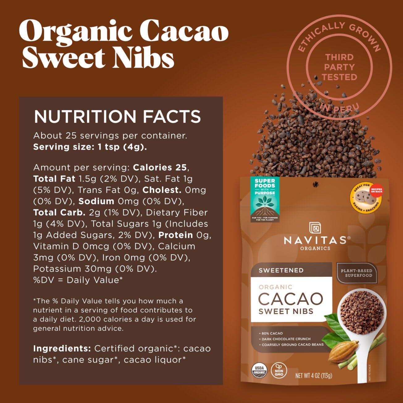 Navitas Organics textura de nibs de cacao cerca resalta crocancia natural