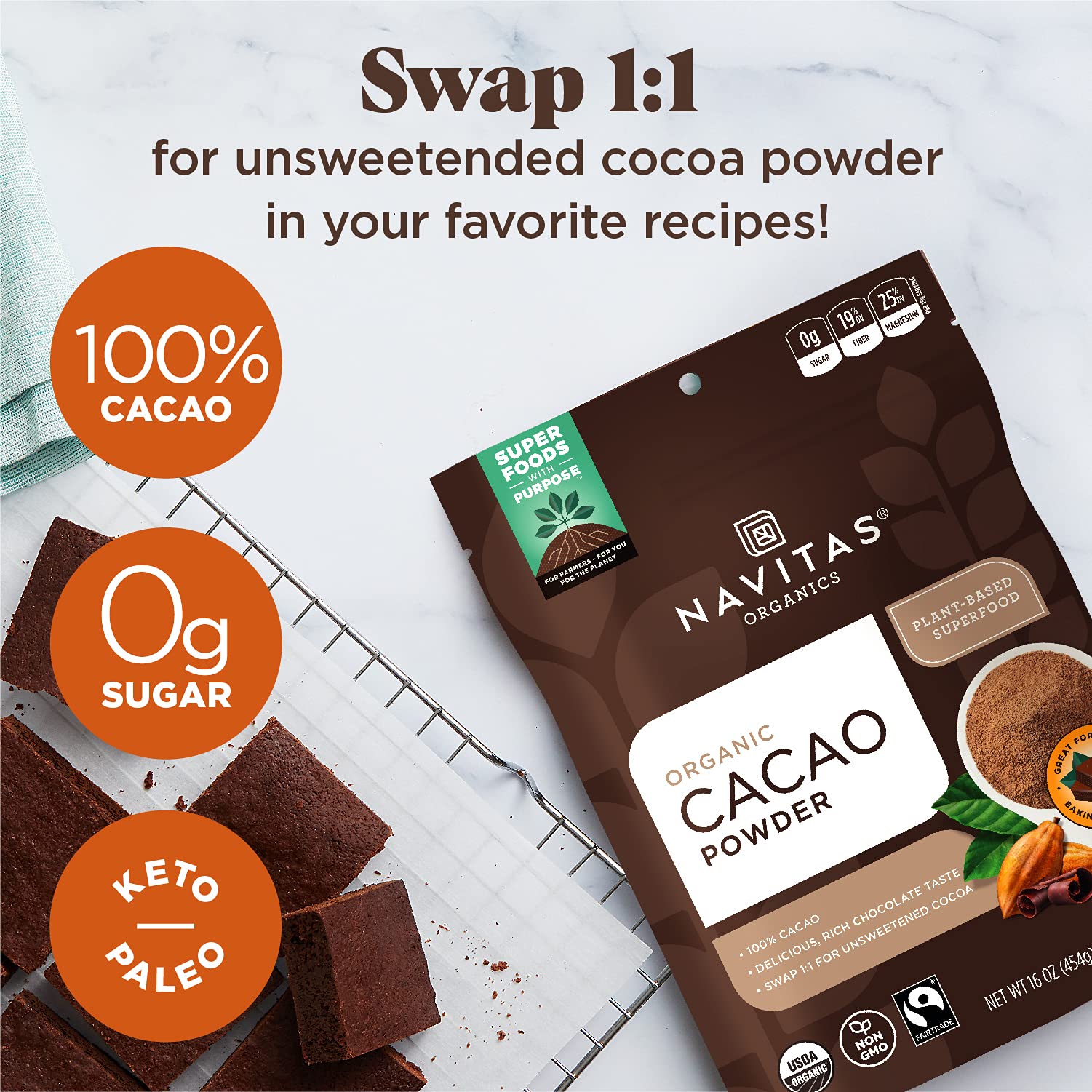 Navitas Organics vista cercana de la textura fina del cacao para mezclas