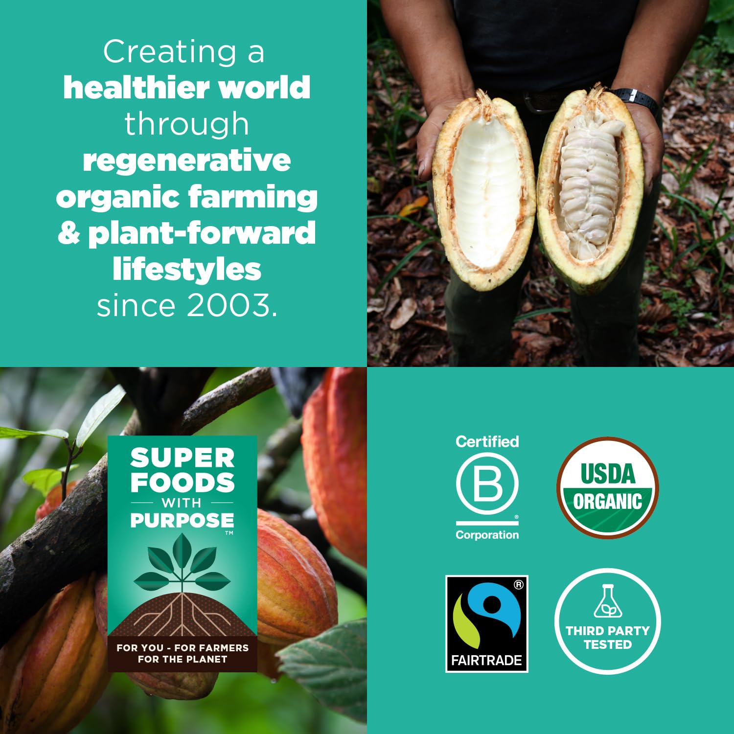 Navitas Organics etiqueta con sellos USDA Organic y Fairtrade visibles
