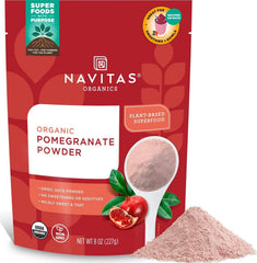 Navitas Organics frente del empaque de polvo de granada, práctico y orgánico