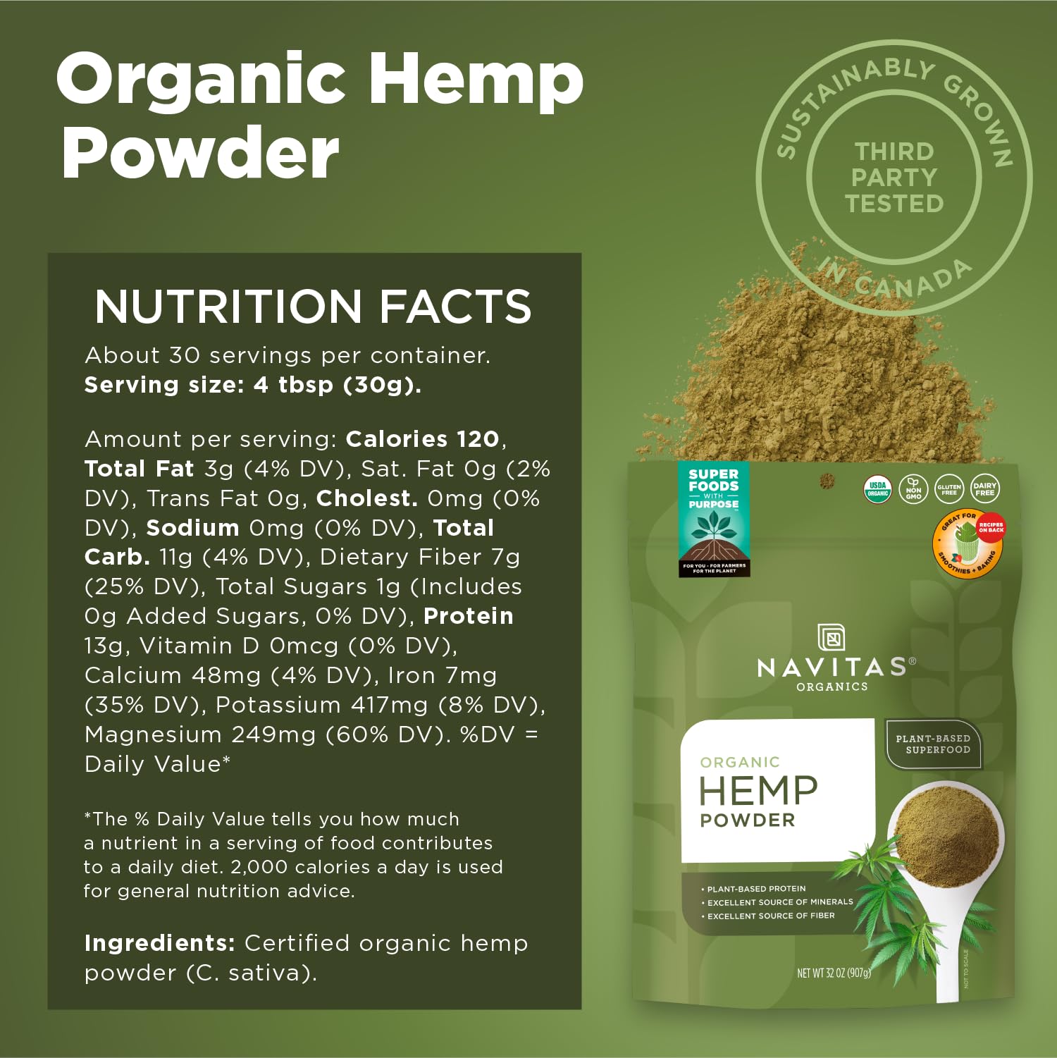 Navitas Organics primer plano de la textura del polvo demostrando finura y versatilidad