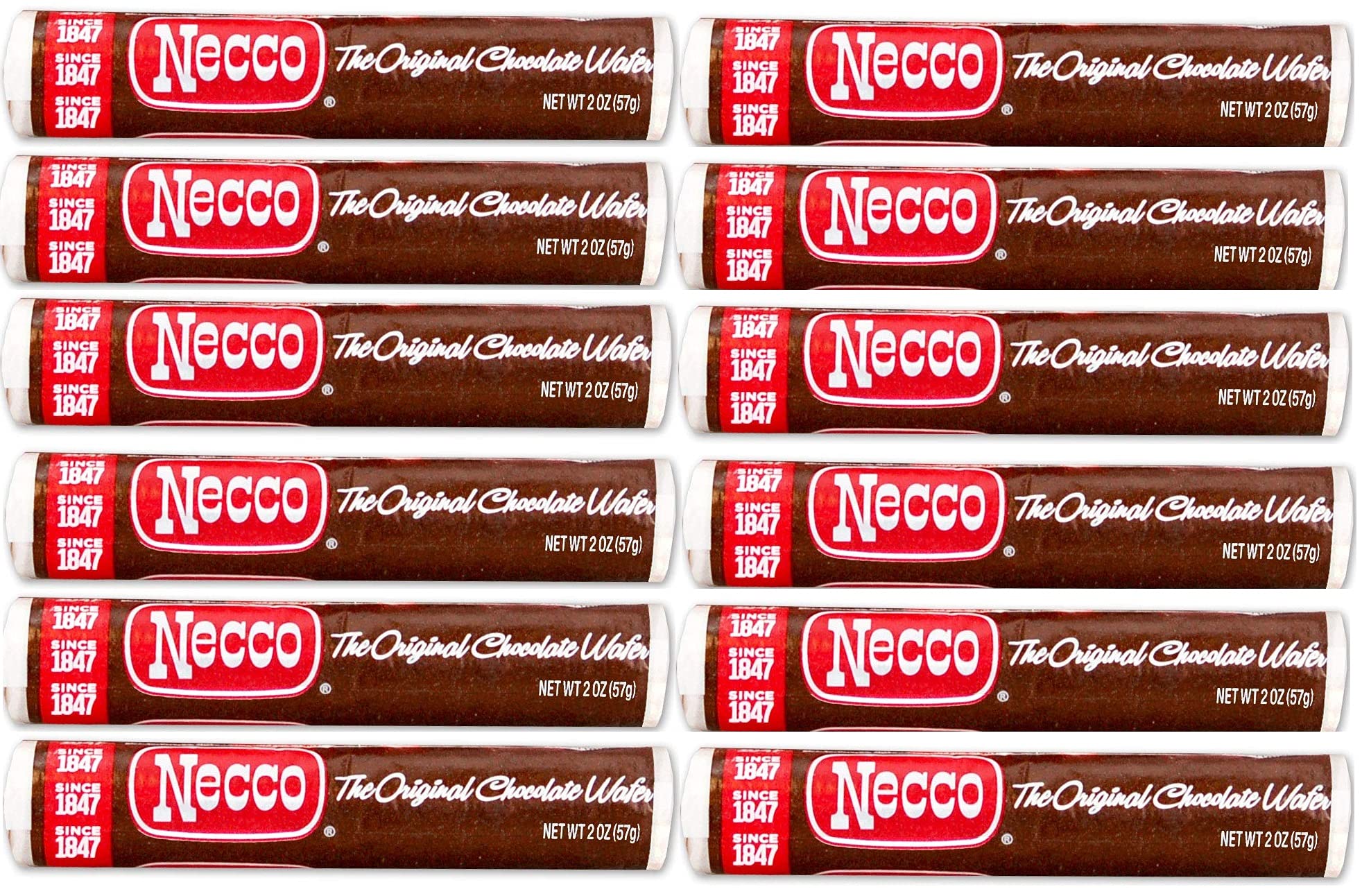 Necco Wafers frontal del paquete mostrando rollos y conveniencia