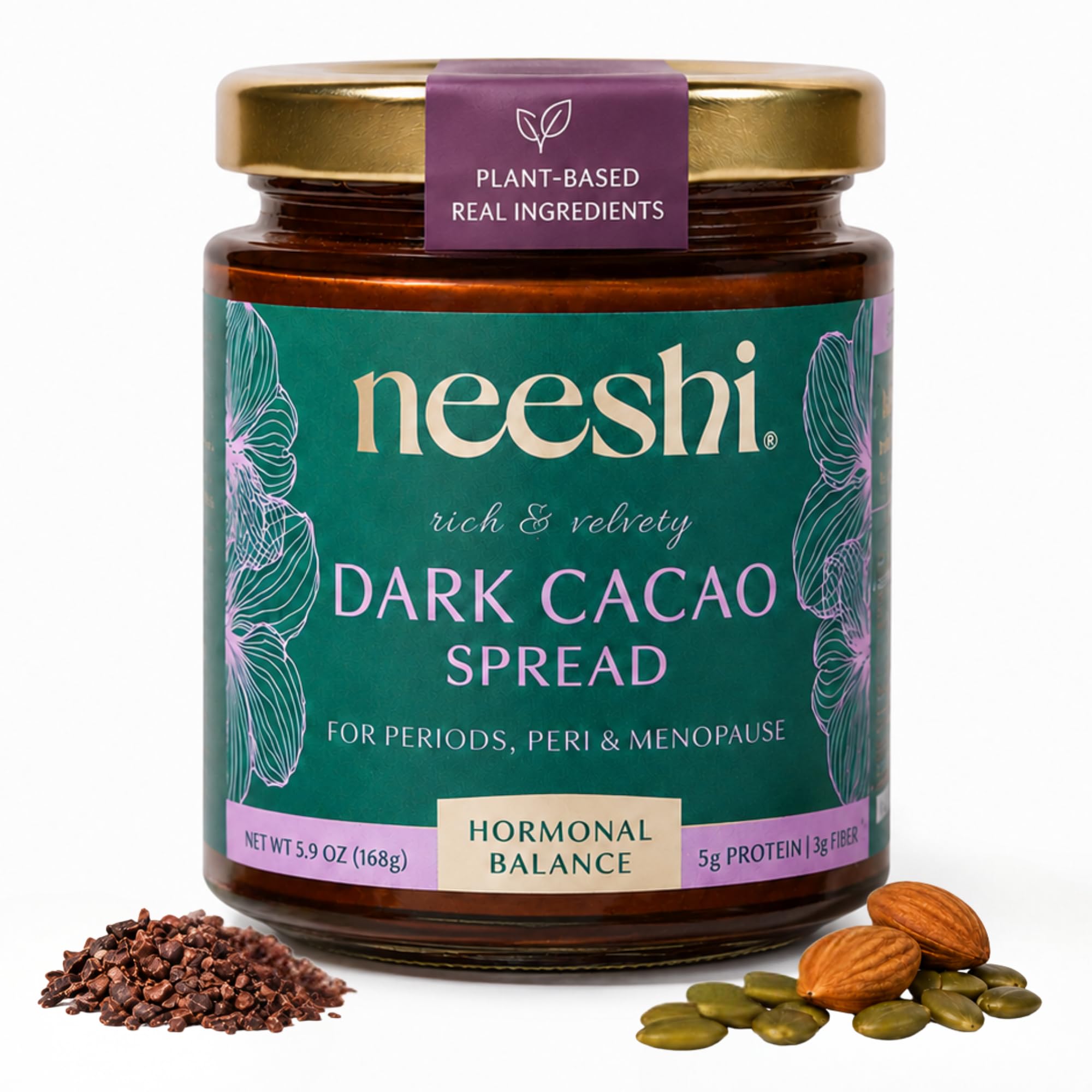 NEESHI envase delantero de Dark Cacao Spread mostrando etiqueta y beneficio hormonal
