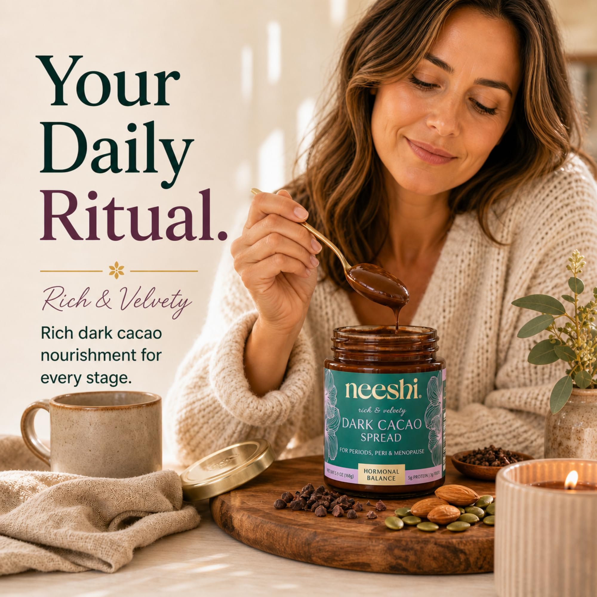 NEESHI ingredientes naturales: almendras, semillas de calabaza y cacao como fuente nutritiva