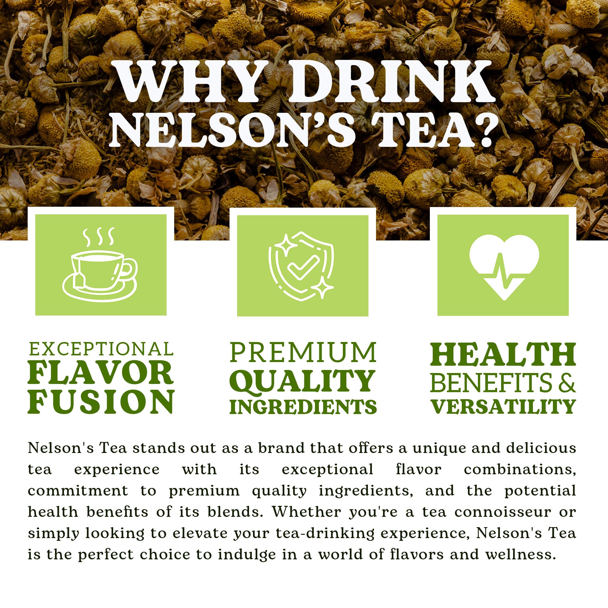 Nelson's Tea primer plano de flores de manzanilla para aroma suave