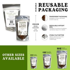 Nelson's Tea hojas y raíces en primer plano con textura y pureza