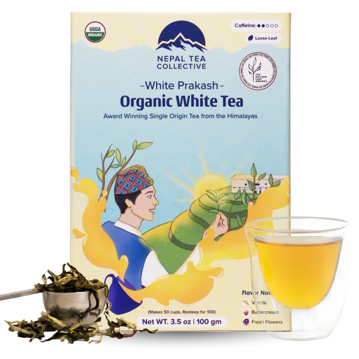 NEPAL TEA envase frontal de White Prakash mostrando presentación premium