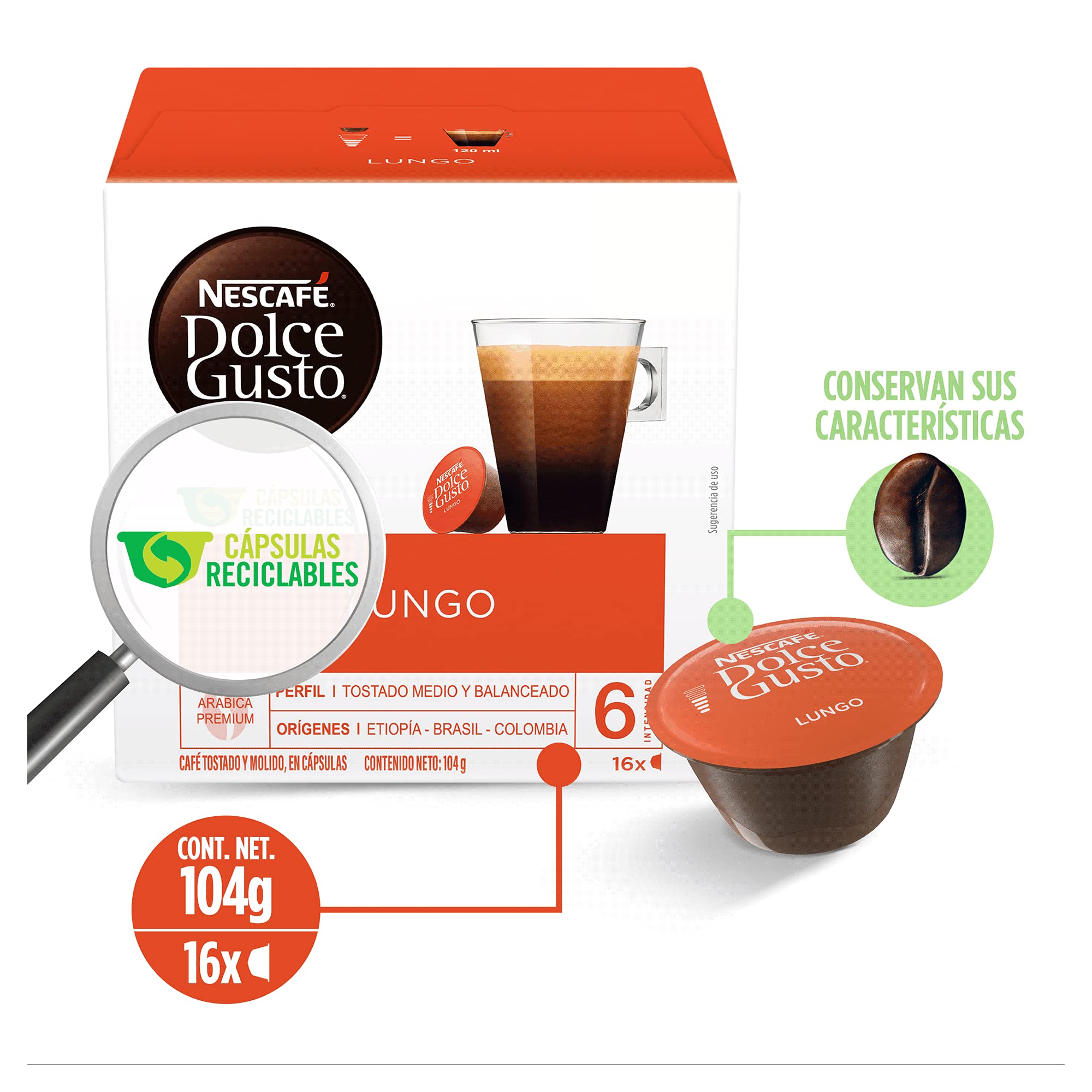 NESCAFÉ Dolce Gusto etiqueta con información de arábica y origen, transparencia en blend