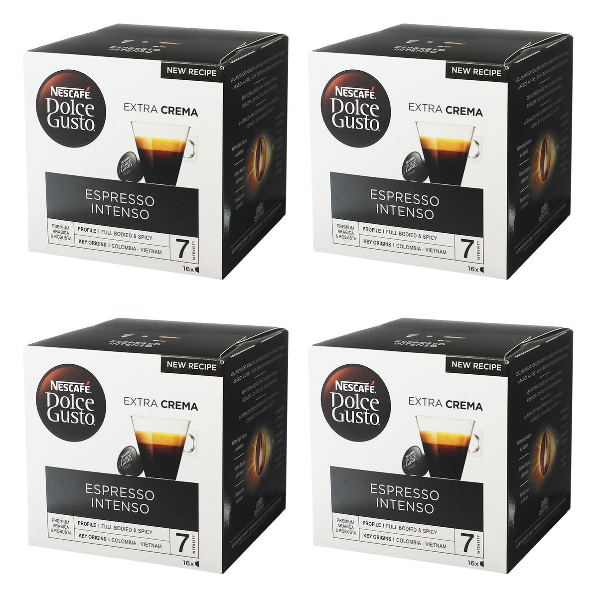 Nescafé Dolce Gusto paquete frontal mostrando 4 envases, ideal para abastecimiento