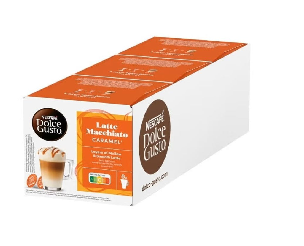 Nescafe Dolce Gusto pack de cápsulas Caramel Macchiato mostrando el embalaje y cantidad