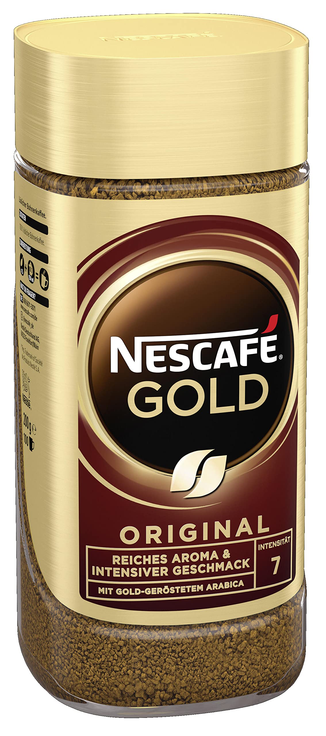 Nescafé Gold tarro frontal mostrando etiqueta clara y beneficios